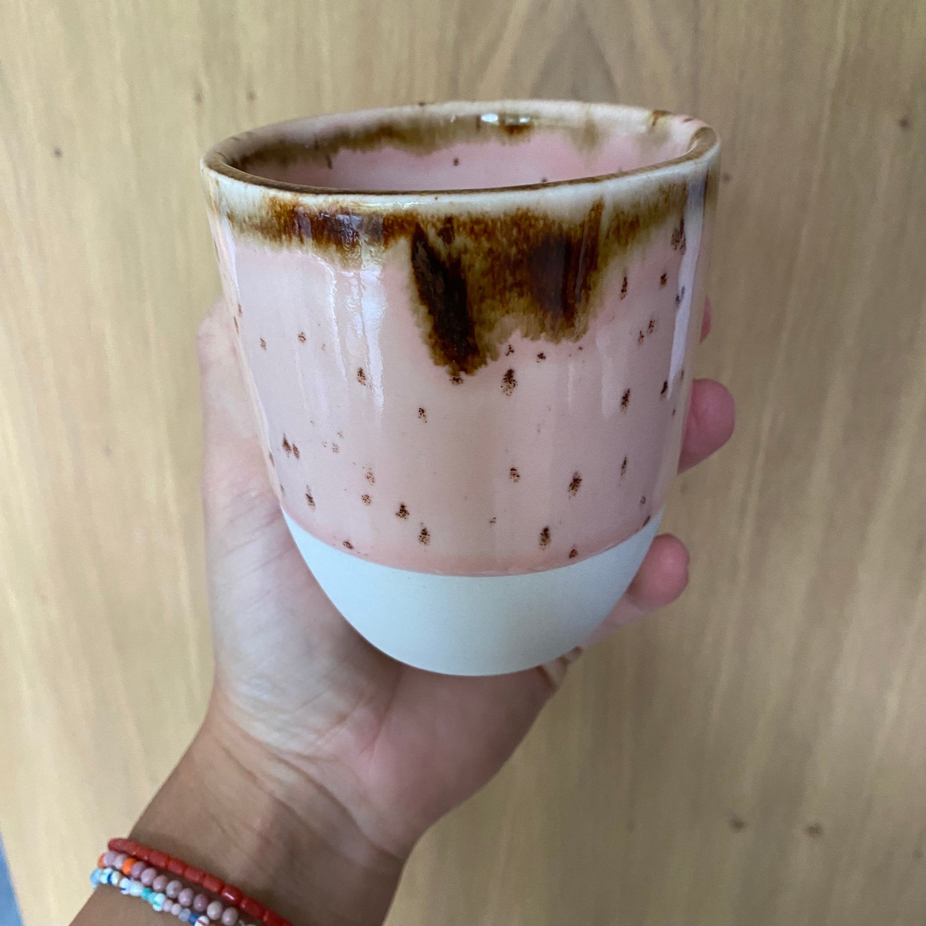 Kim Wallace to-go latte cup Sundae - pink unique glaze. Lid in nude