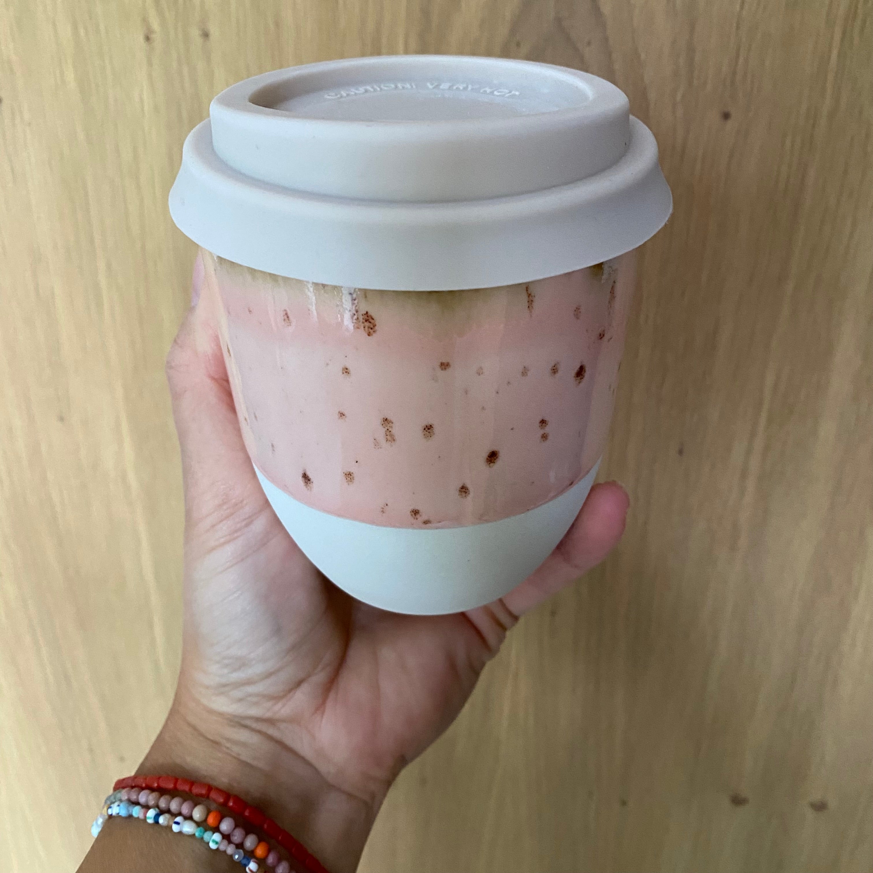 Kim Wallace to-go latte cup Sundae - pink unique glaze. Lid in nude