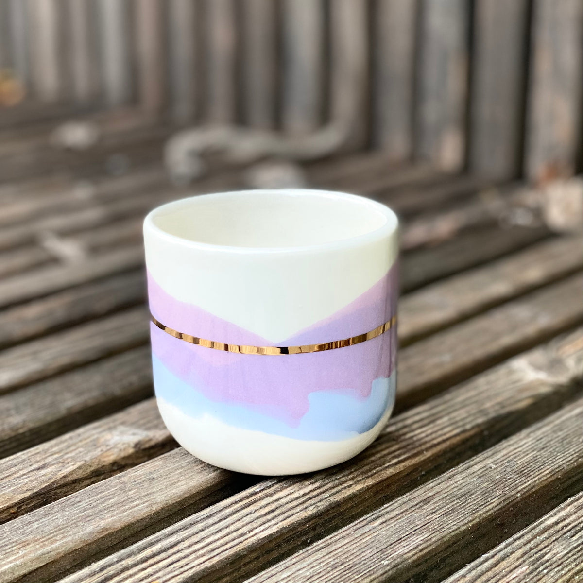 Cappuccino cup - Landscape with gold band - serenity lilac and blue