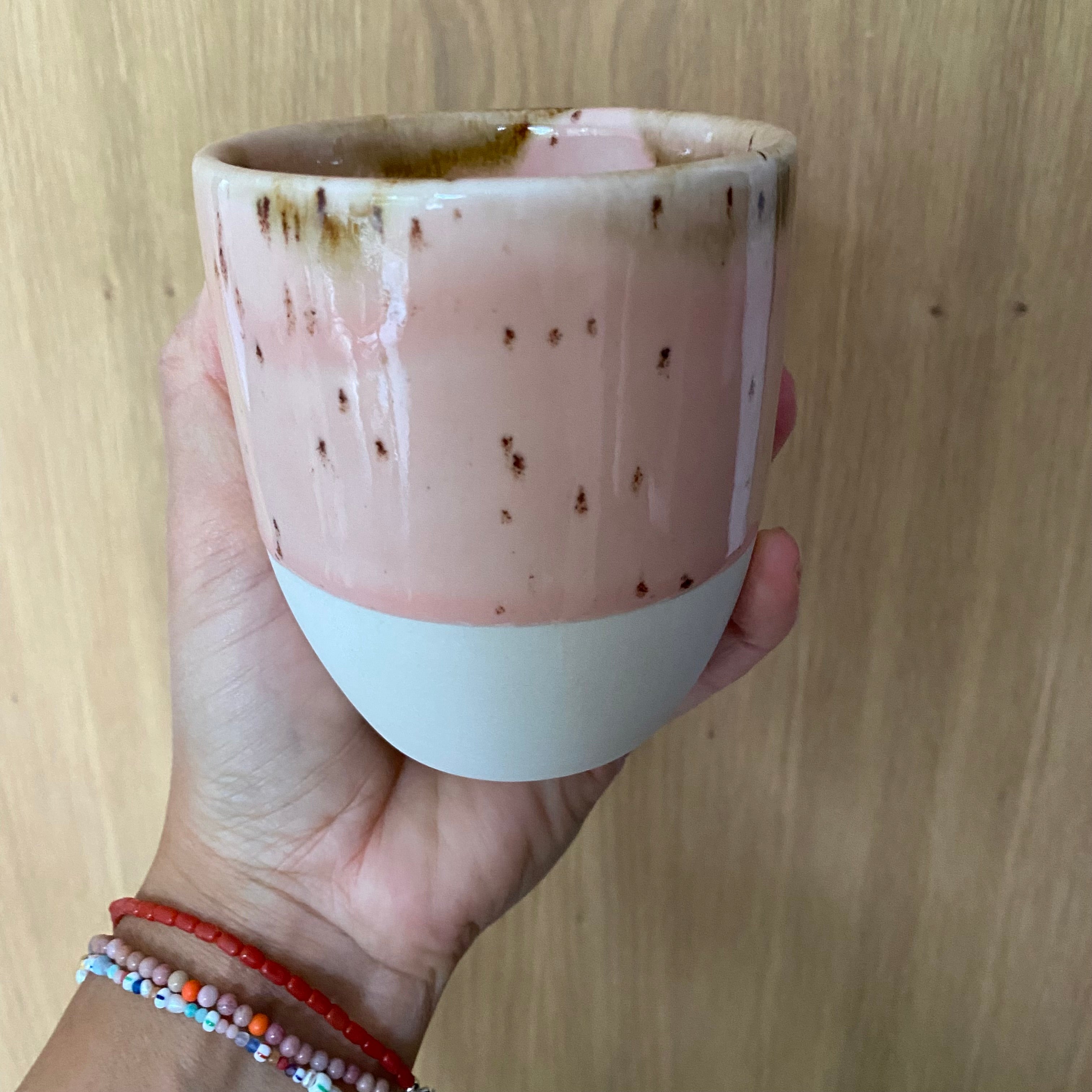 Kim Wallace to-go latte cup Sundae - pink unique glaze. Lid in nude
