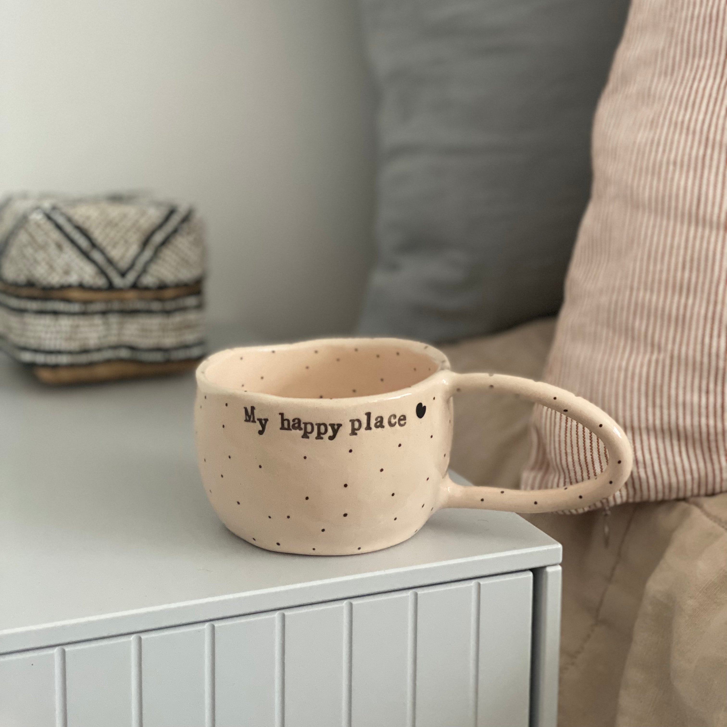 Terra Ceramica pinch cup with text, My happy place, home - cream
