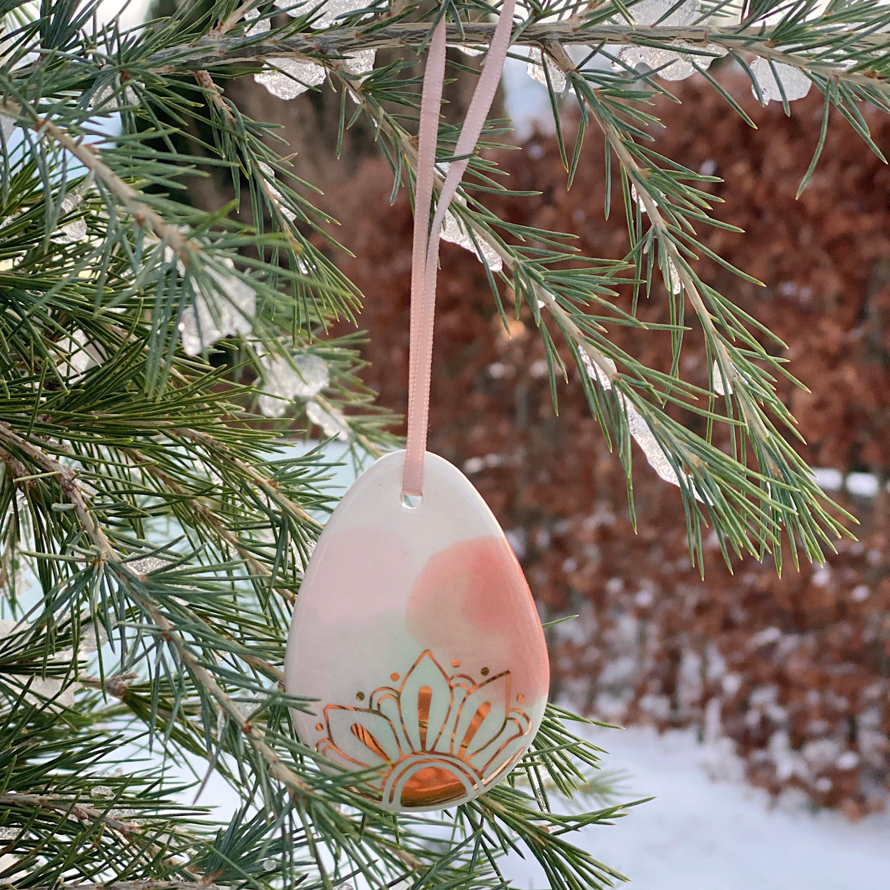 Marinski Easter egg no 1 - blush, coral, mint and with floral pattern in gold