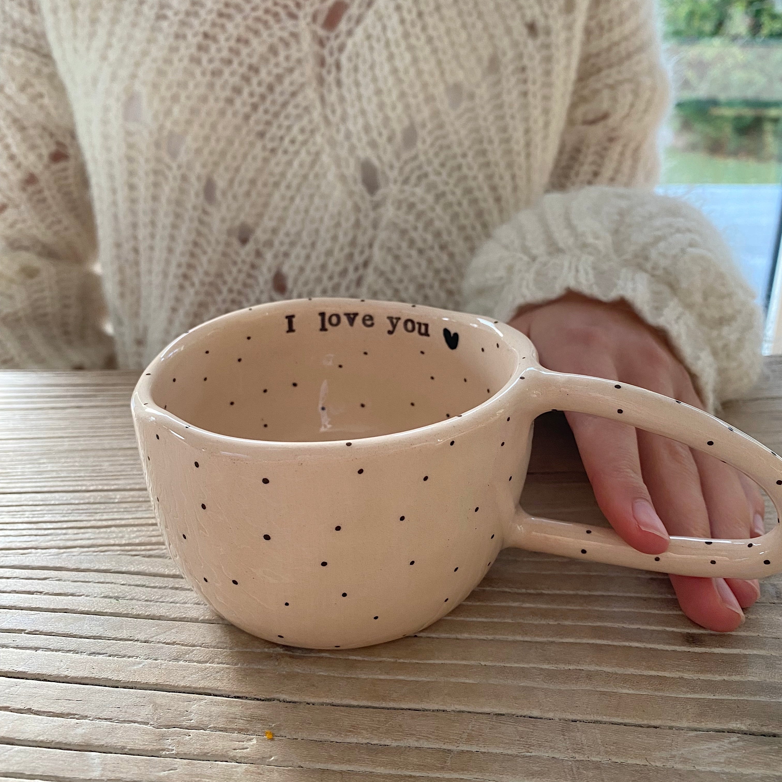 Tasse à pince Terra Ceramica avec texte, Je t'aime, plus que du café - crème légère