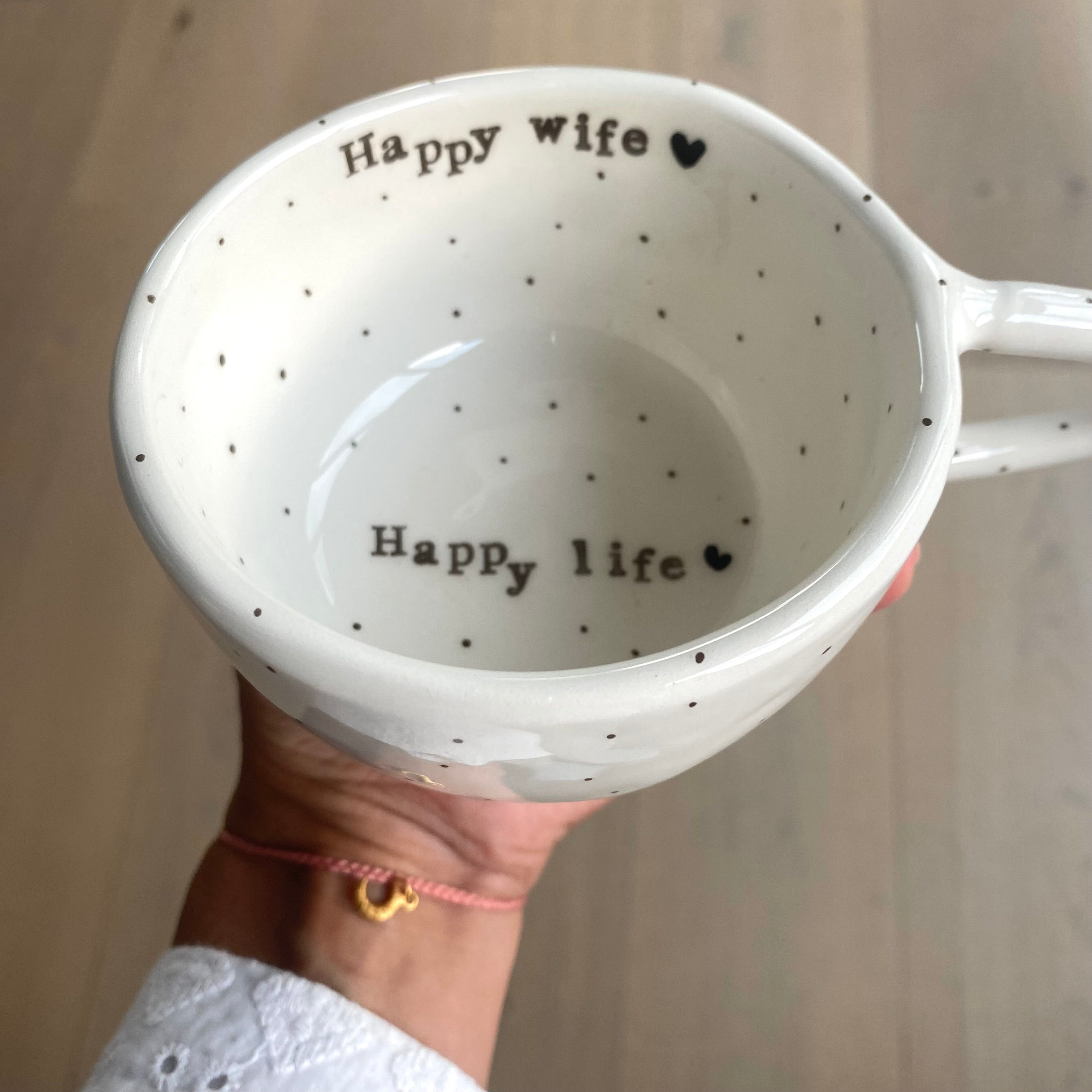 Tasse à pince Terra Ceramica avec texte, Femme heureuse, Vie heureuse - blanc