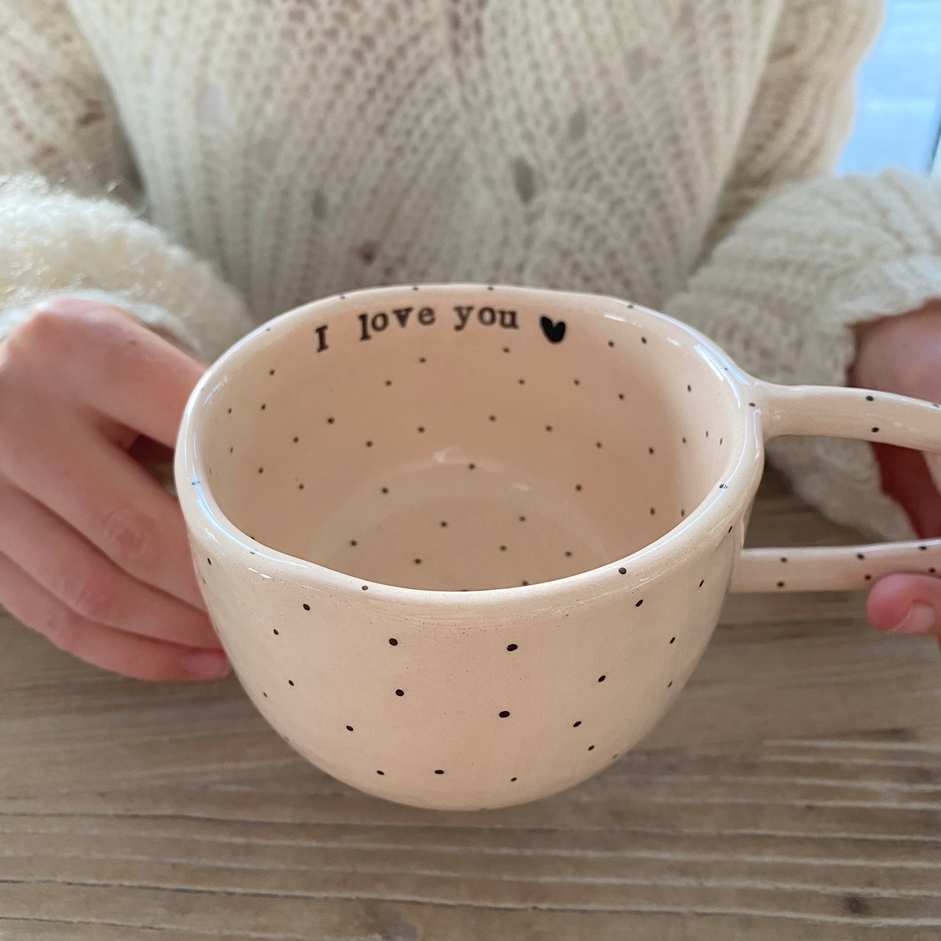 Terra Ceramica pinch cup with text, I love you, more than coffee - cream