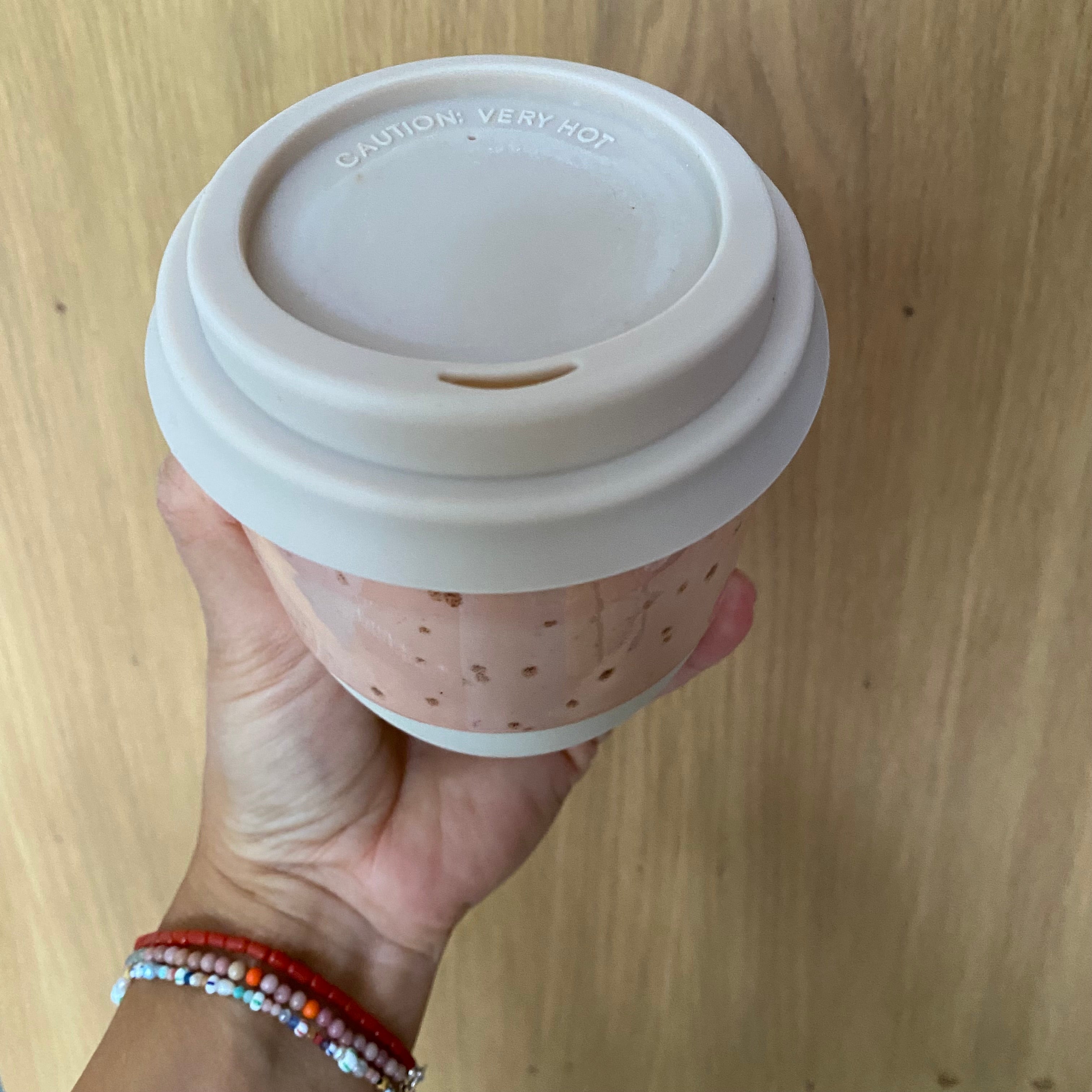 Kim Wallace to-go latte cup Sundae - pink unique glaze. Lid in nude