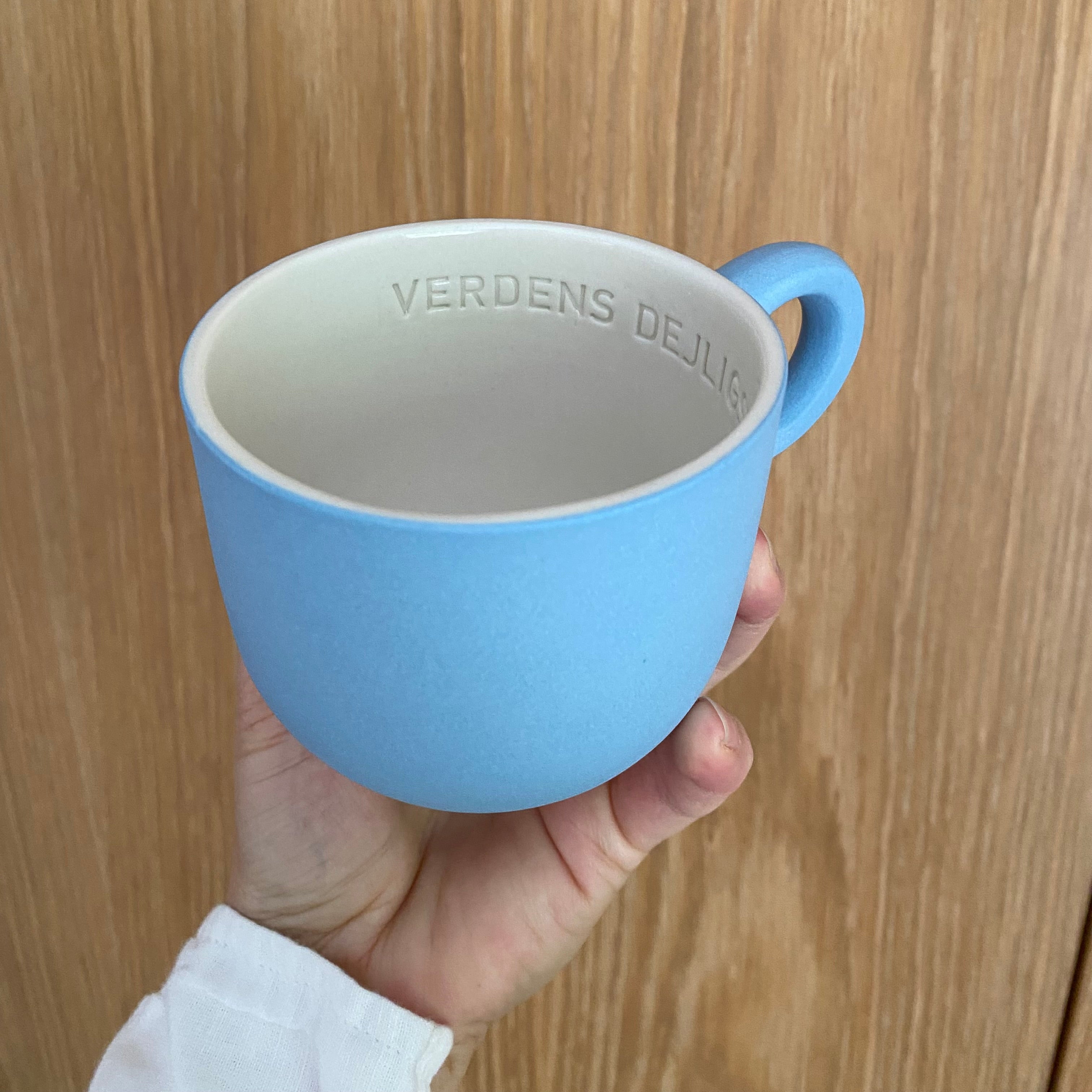 Chubby kaffekop i vandblå håndlavet keramik med valgfri navn eller tekst