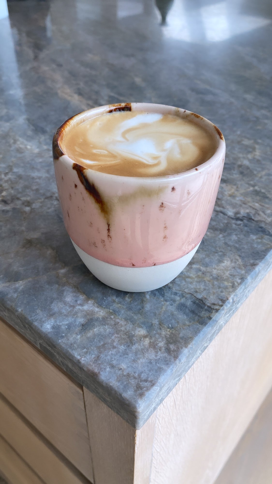 Kim Wallace to-go latte cup Sundae - pink unique glaze. Lid in nude