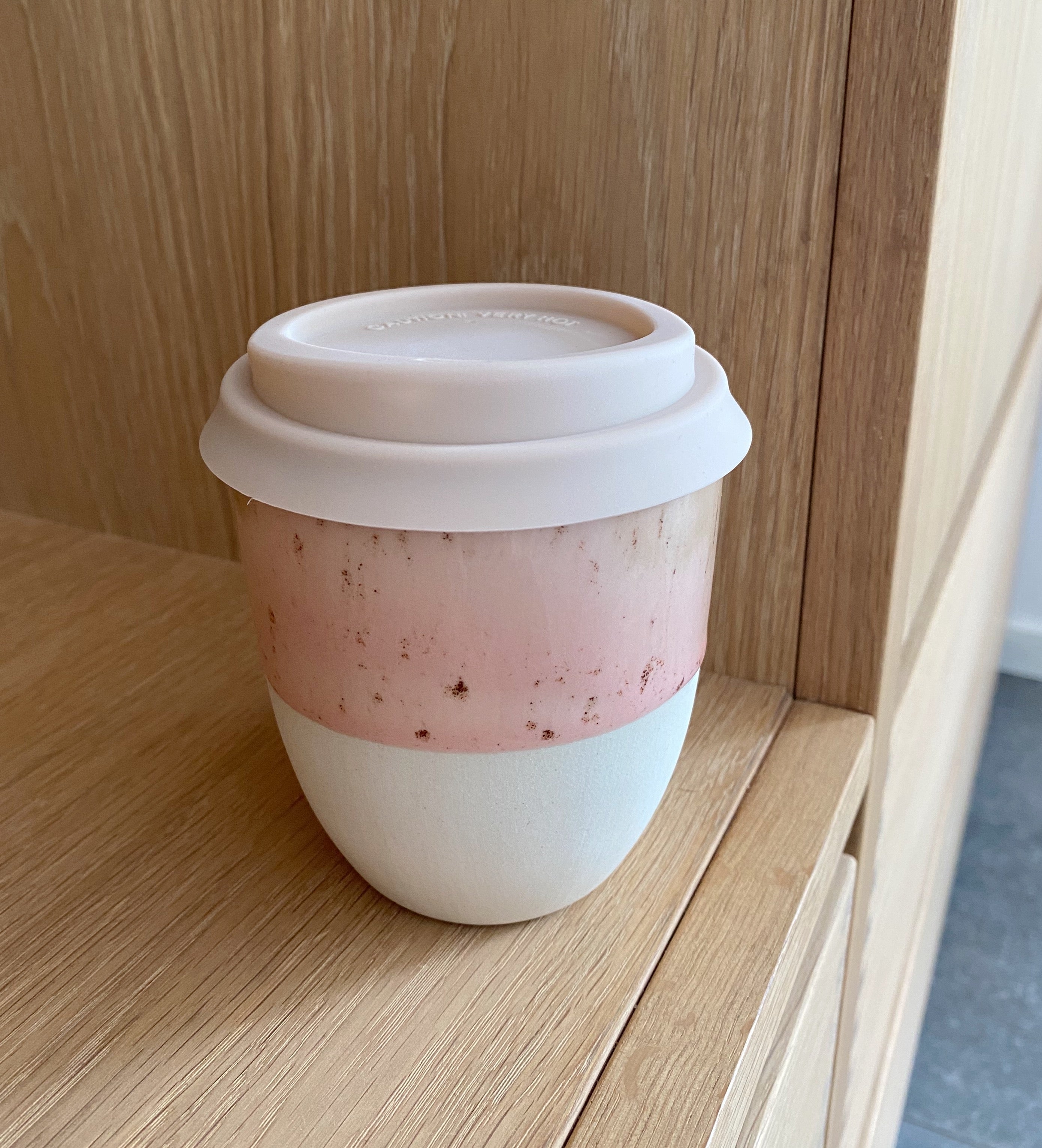 Kim Wallace to-go latte cup Sundae - pink unique glaze. Lid in nude